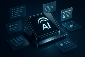 Editorial hero illustration representing ClickUp AI as an AI-assisted software tool.