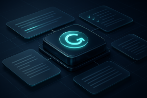 Editorial hero illustration representing Grammarly as an AI-assisted software tool.