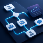 Editorial hero illustration representing ActiveCampaign as an AI-assisted software tool.