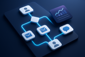 Editorial hero illustration representing ActiveCampaign as an AI-assisted software tool.