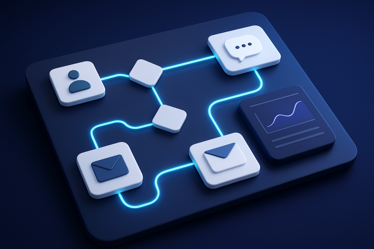 Editorial hero illustration representing Klaviyo as an AI-assisted software tool.