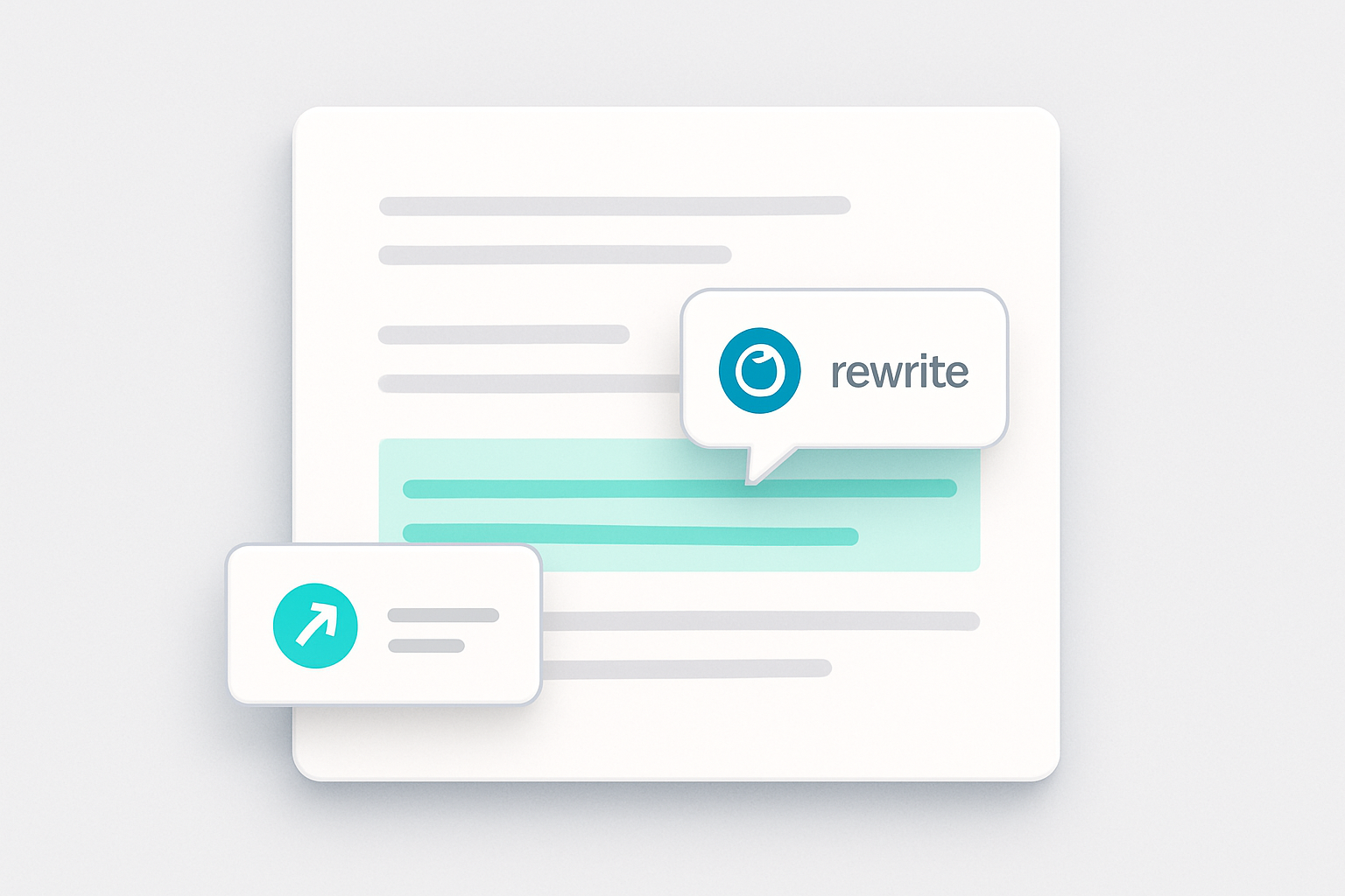 Illustration for the Features & Capabilities section of the Wordtune review, showing layered document surfaces, rewrite suggestion blocks, and sentence guidance rails.