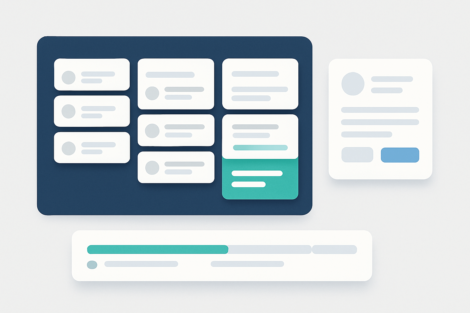 Illustration for the Features & Capabilities section of the Copy.ai review, showing task stacks and execution lanes, project orchestration boards, and workspace modules.