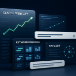 Editorial illustration for Writesonic showing search-visibility command surfaces, SERP intelligence strips and visibility panels, and keyword-cluster.