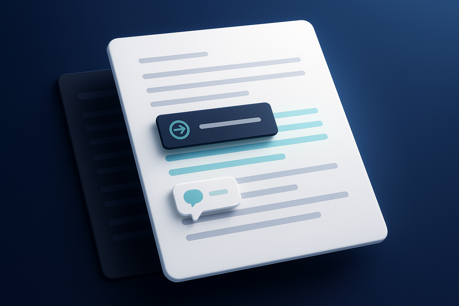 Editorial illustration for Wordtune showing layered document surfaces, rewrite suggestion blocks, and sentence guidance rails.
