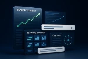 Editorial illustration for Writesonic showing search-visibility command surfaces, SERP intelligence strips and visibility panels, and keyword-cluster.