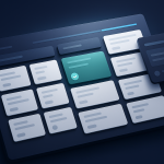 Editorial illustration for Copy.ai showing task stacks and execution lanes, project orchestration boards, and workspace modules and control clusters.