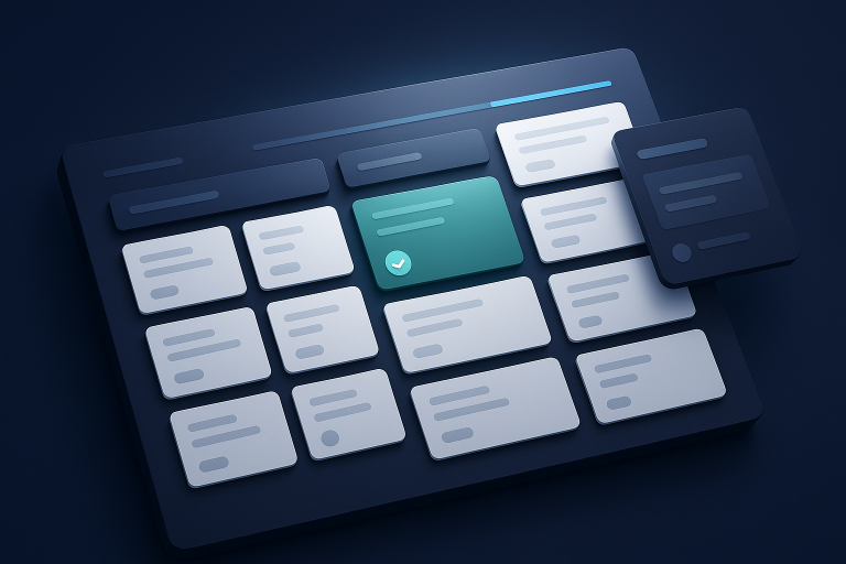 Editorial illustration for Copy.ai showing task stacks and execution lanes, project orchestration boards, and workspace modules and control clusters.