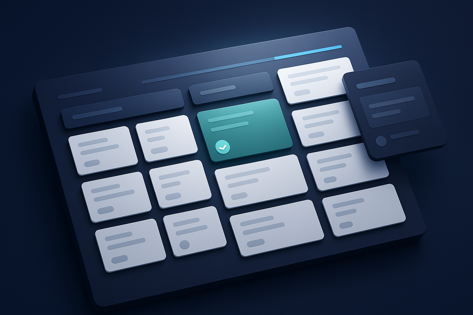 Editorial illustration for Copy.ai showing task stacks and execution lanes, project orchestration boards, and workspace modules and control clusters.