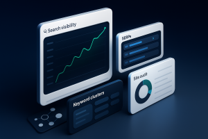 Editorial illustration for Mangools showing search-visibility command surfaces, SERP intelligence strips and visibility panels, and ranking ladders.