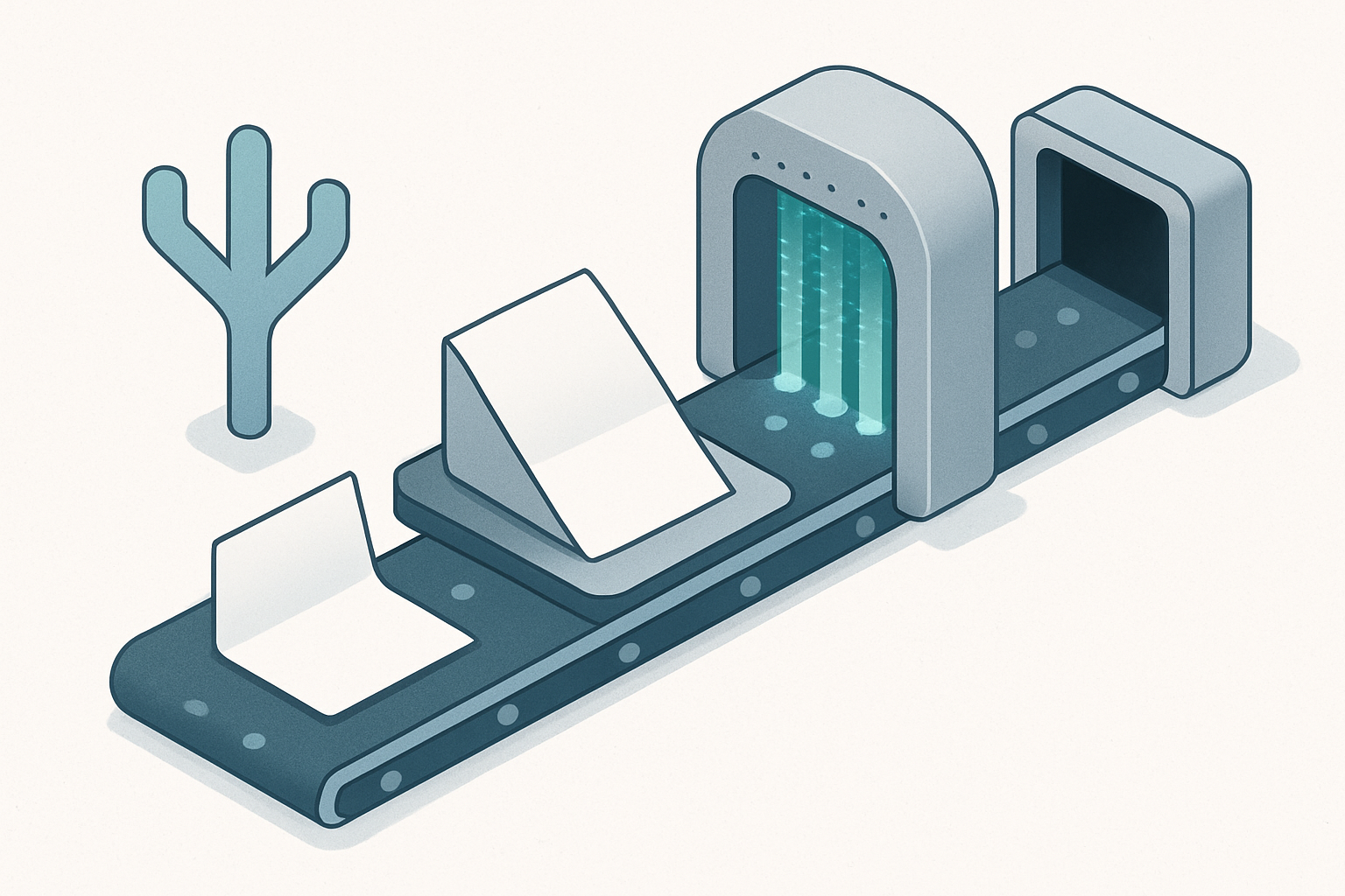 Illustration for the Where This Tool Fits in Your Workflow section of the Frase review, showing blank result-card stacks and connected discovery nodes, curved movement.