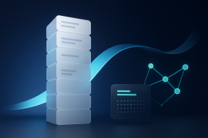 Editorial illustration for Frase showing blank result-card stacks and connected discovery nodes, curved movement ribbons and layered result-card.