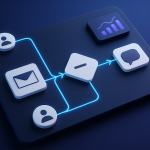 Editorial illustration for Moosend showing campaign boards and orchestration surfaces, message modules and delivery lanes, and audience clusters.