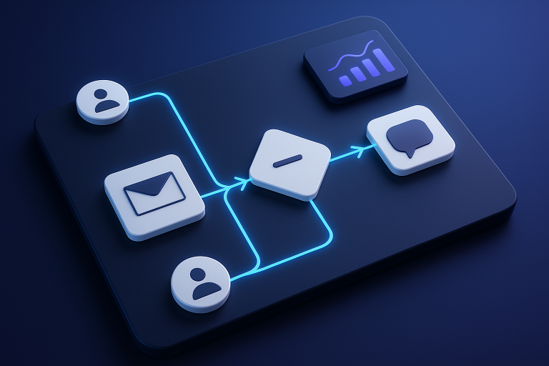 Editorial illustration for Moosend showing campaign boards and orchestration surfaces, message modules and delivery lanes, and audience clusters.