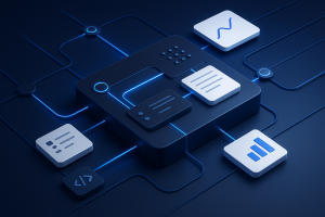 Editorial illustration for ToolJet showing developer interface ports and programmable junctions, event signals and trigger channels, and connector.