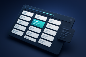 Editorial illustration for Baserow showing task stacks and execution lanes, project orchestration boards, and workspace modules and control clusters.