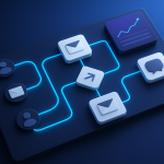 Editorial illustration for Mailchimp vs Brevo showing campaign boards and orchestration surfaces, message modules and delivery lanes.