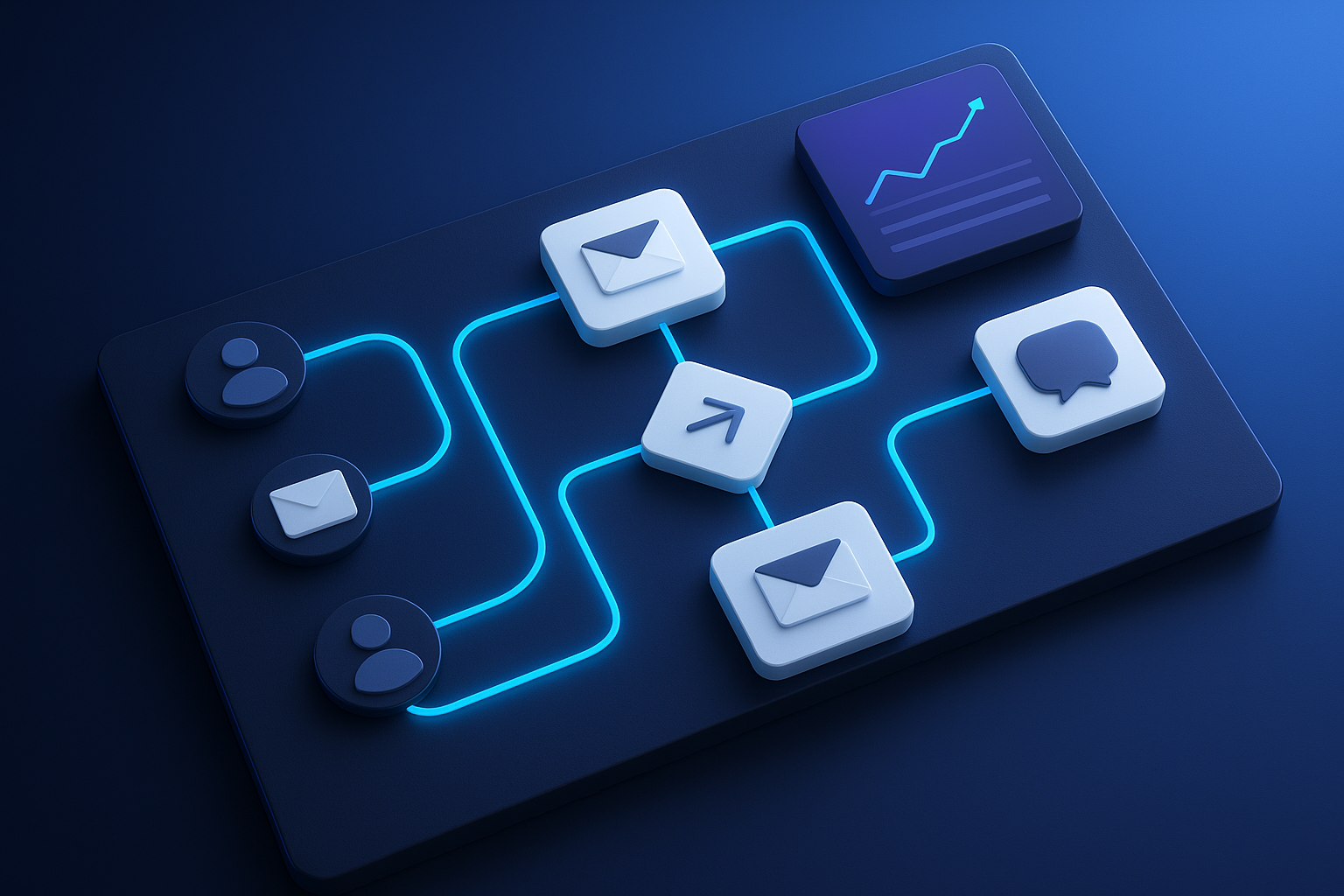 Editorial illustration for Mailchimp vs Brevo showing campaign boards and orchestration surfaces, message modules and delivery lanes.