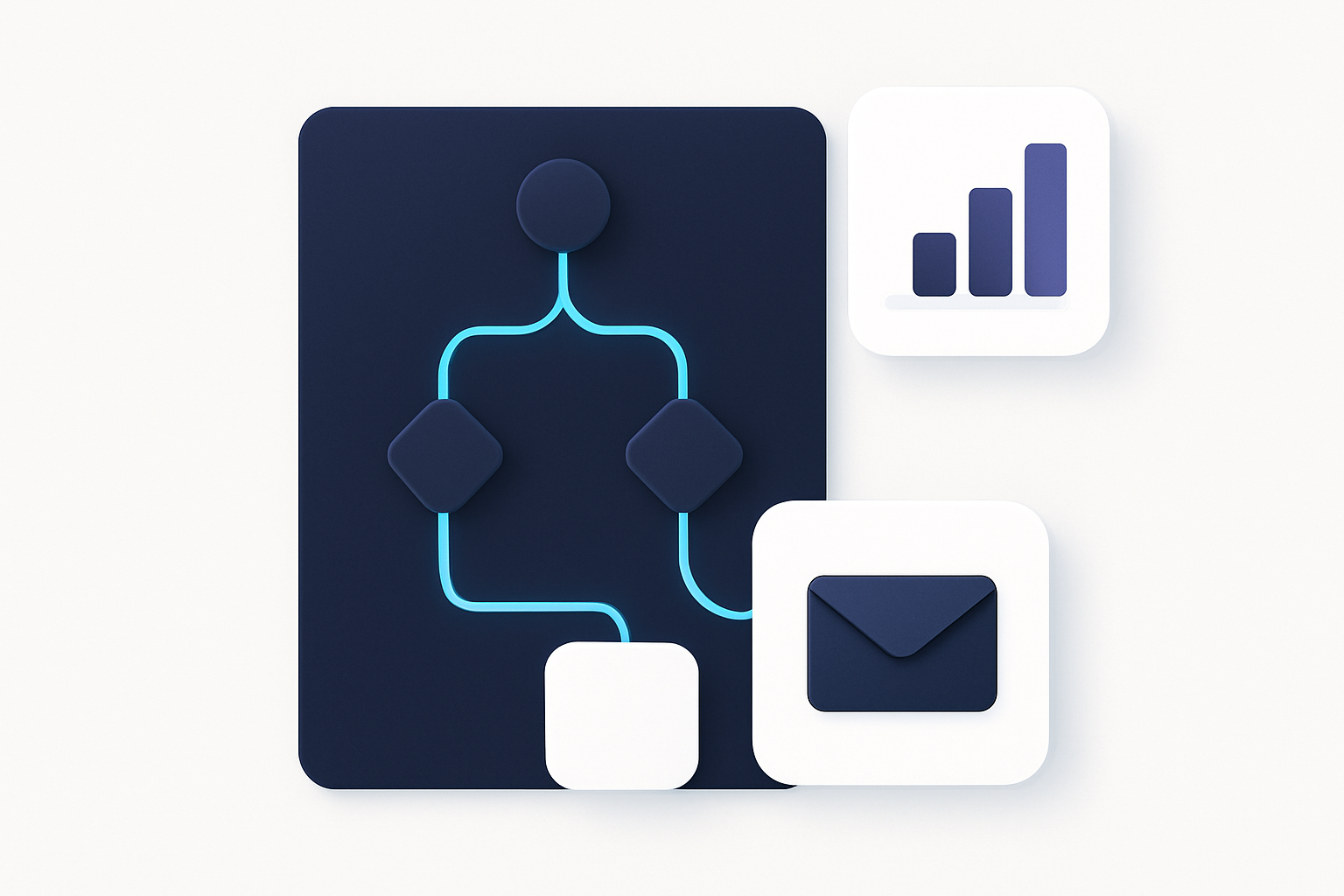 Illustration for the Where This Tool Fits in Your Workflow section of the MailerLite review, showing campaign boards and orchestration surfaces, message modules.