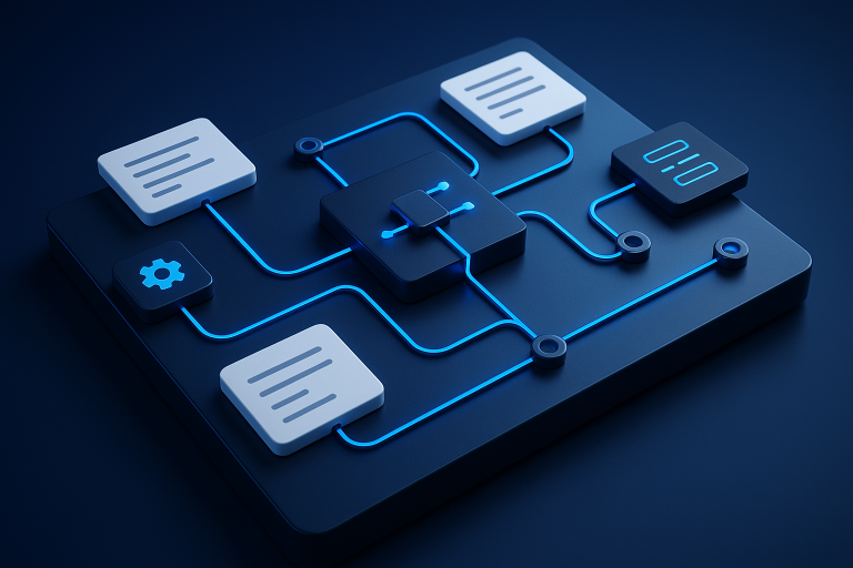 Editorial illustration for Appsmith showing developer interface ports and programmable junctions, connector bridges and handoff nodes, and deployment.