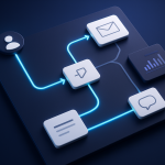 Editorial illustration for MailerLite showing campaign boards and orchestration surfaces, message modules and delivery lanes, and mobile messaging.