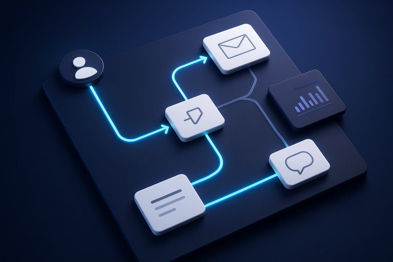 Editorial illustration for MailerLite showing campaign boards and orchestration surfaces, message modules and delivery lanes, and mobile messaging.